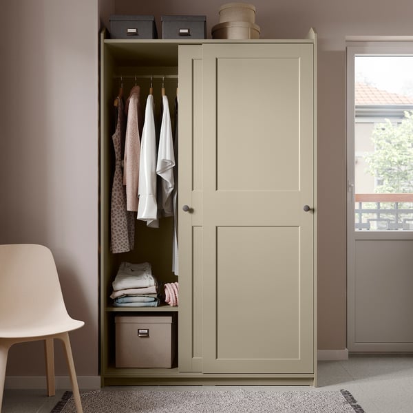 HAUGA Wardrobe with sliding doors, beige, 118x55x199 cm