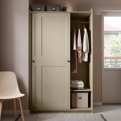 HAUGA Wardrobe with sliding doors, beige, 118x55x199 cm