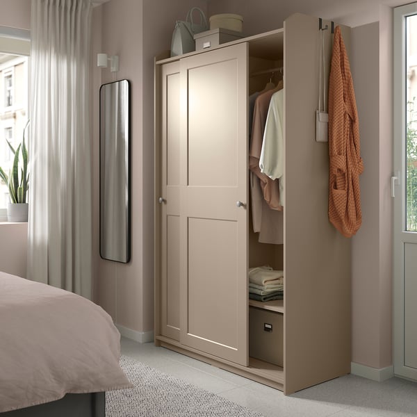 HAUGA Wardrobe with sliding doors, beige, 118x55x199 cm