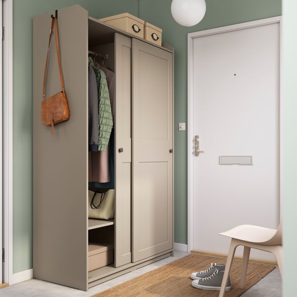 HAUGA Wardrobe with sliding doors, beige, 118x55x199 cm