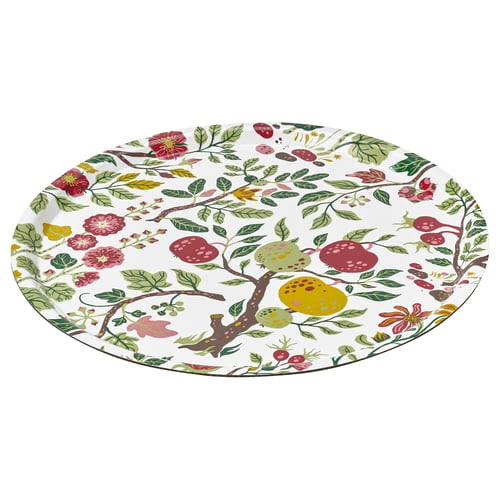 Round tray named HAVSBRAXEN with floral pattern, white background, colourful fruits, and leaves, made of high-pressure melamine laminate.
