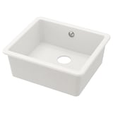 A white, rectangular HAVSEN ceramic kitchen sink with rounded corners and a single drain.