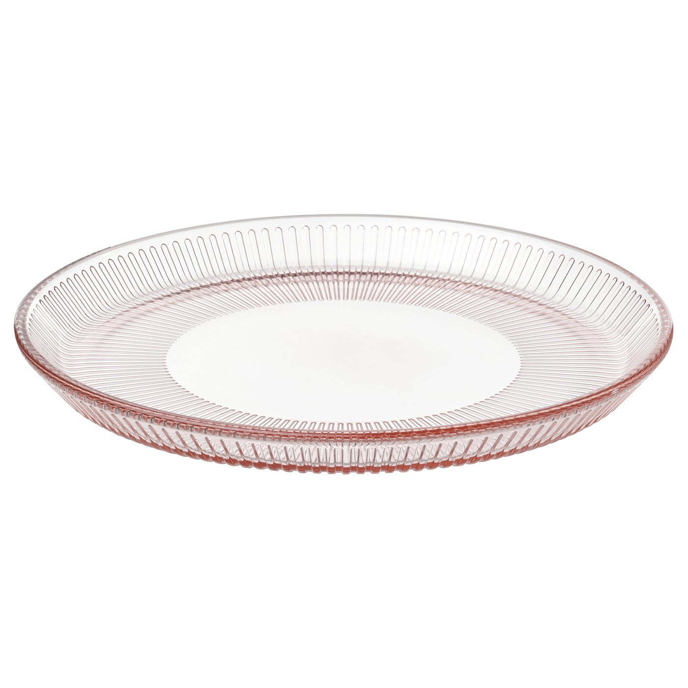 Pink tempered glass HAVSGÄDDA dinner plate with linear design.