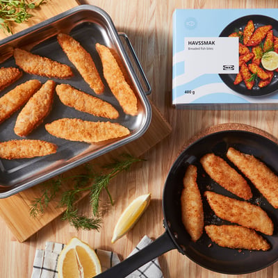 Ikea HAVSSMAK breaded fish bites, golden, crispy, rectangular.
