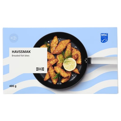 Ikea HAVSSMAK: boxed breaded fish bites, 400g, in blue packaging.