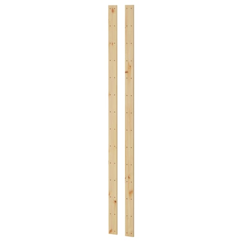 Two vertical wooden planks, light brown, made of solid pine, with evenly spaced holes. Part of IKEAs HEJNE storage system.