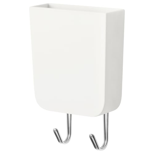 Small white magnetic organiser with hooks and compartment, ideal for kitchen, desk, or hallway.
