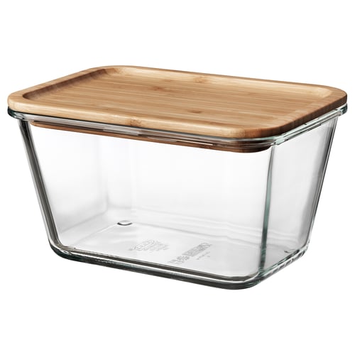 IKEA 365+ glass container with bamboo lid. Clear, rectangular, oven-safe, sealed.