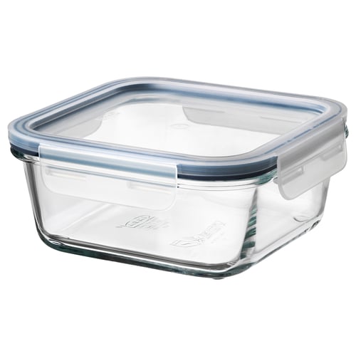 IKEA 365+ clear glass food container with snap-lock lid, square shape, transparent.