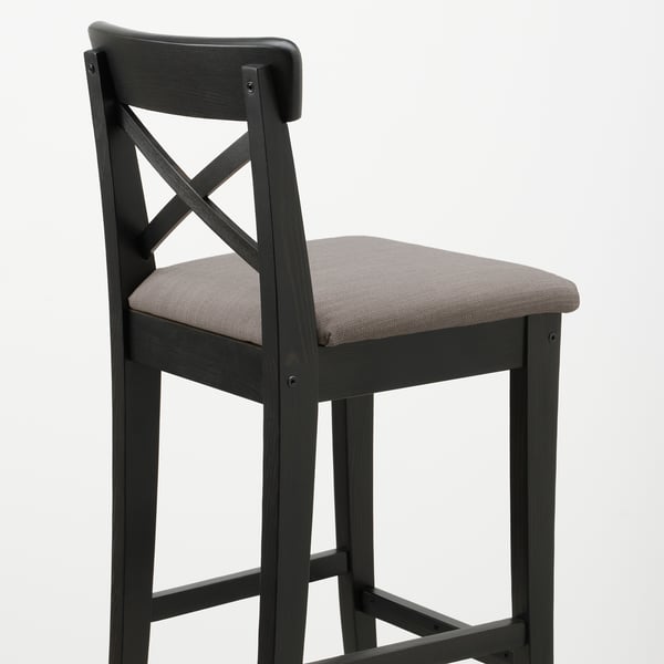INGOLF Bar stool with backrest, brown-black/Nolhaga grey-beige, 65 cm