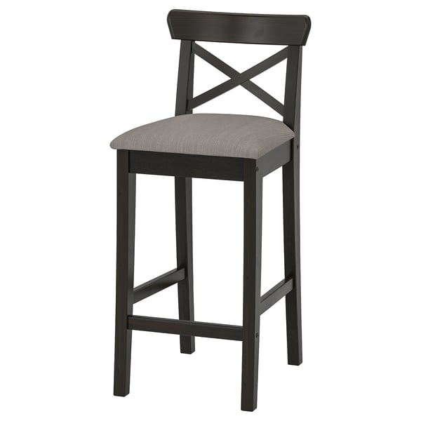 INGOLF Bar stool with backrest, brown-black/Nolhaga grey-beige, 65 cm