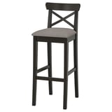 INGOLF Bar stool with backrest, brown-black/Nolhaga grey-beige, 75 cm