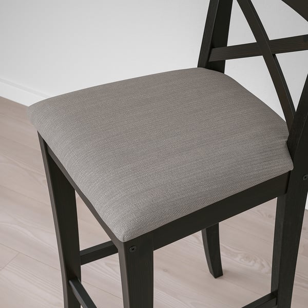 INGOLF Bar stool with backrest, brown-black/Nolhaga grey-beige, 65 cm