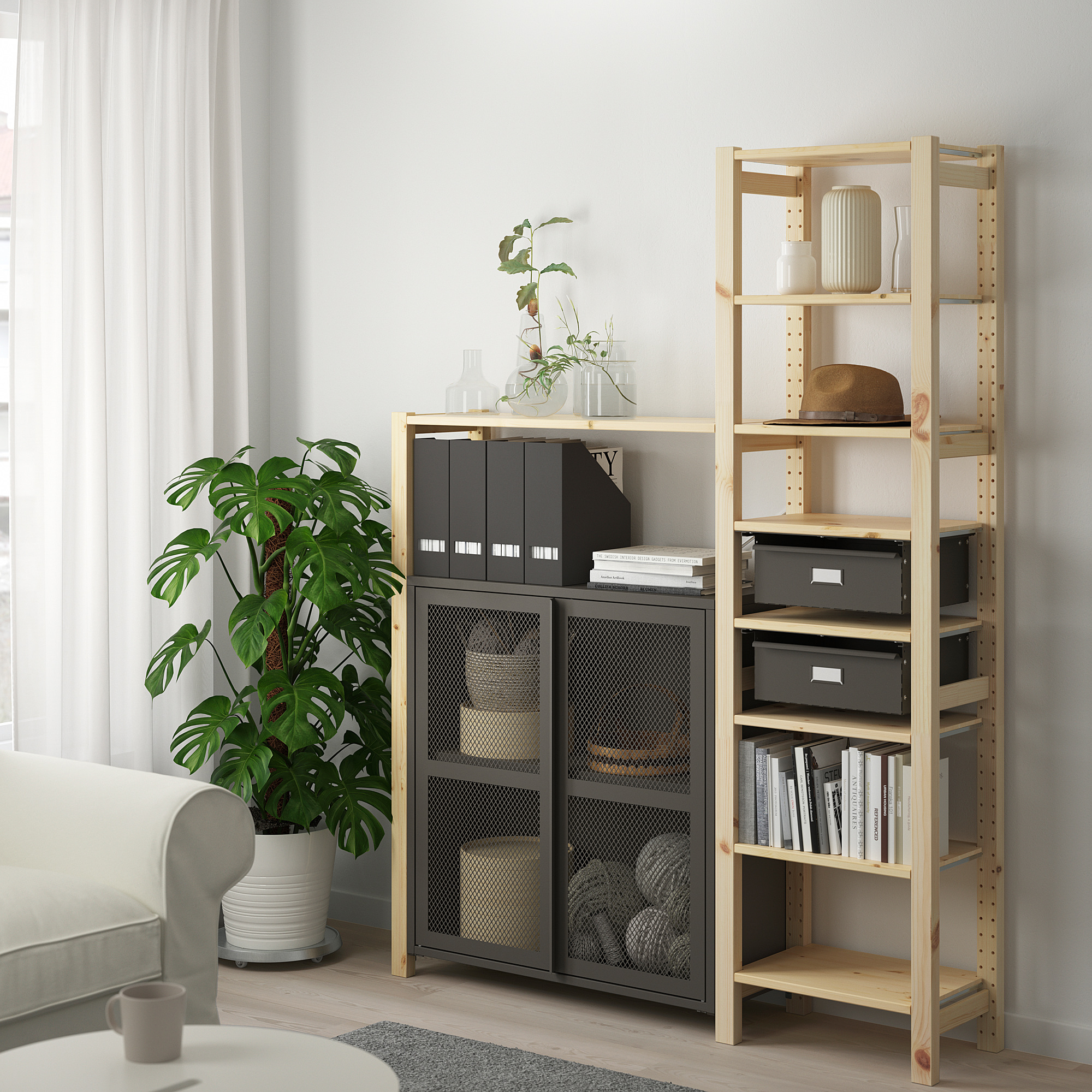 IVAR Shelving unit w pine/grey mesh IKEA