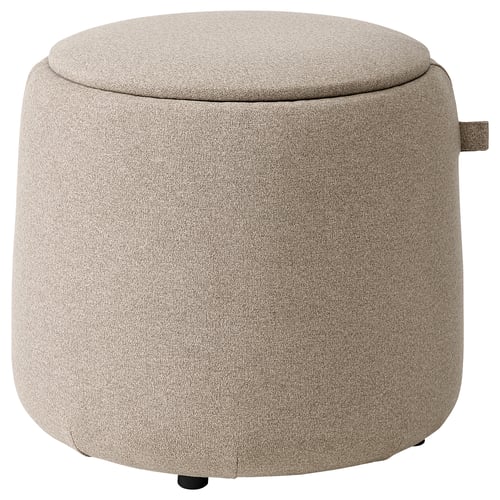 Beige jarrestad round ottoman with soft seat and hidden storage, modern design.