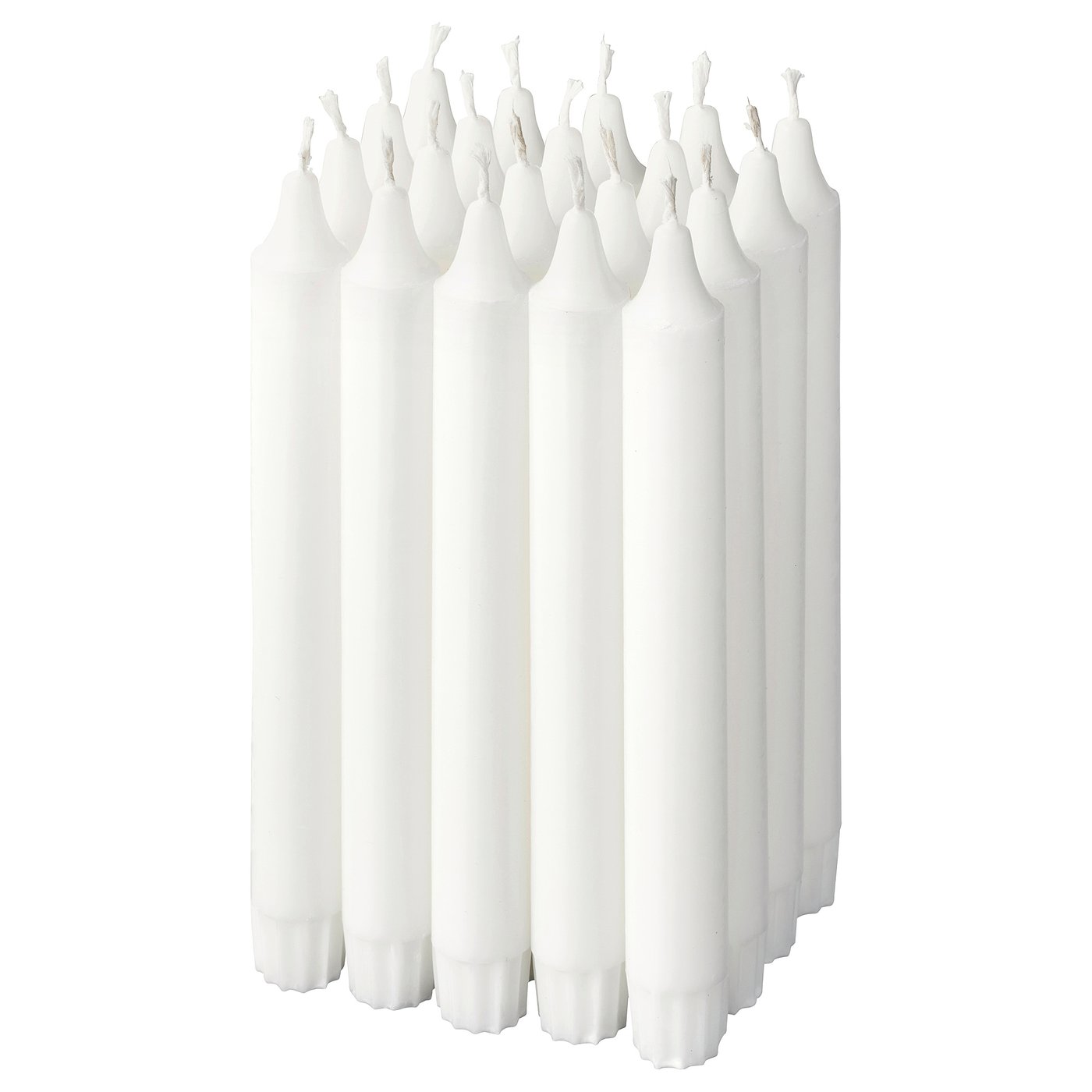 JUBLA white candles. Twelve tall, straight white stearin candles with cotton wicks.