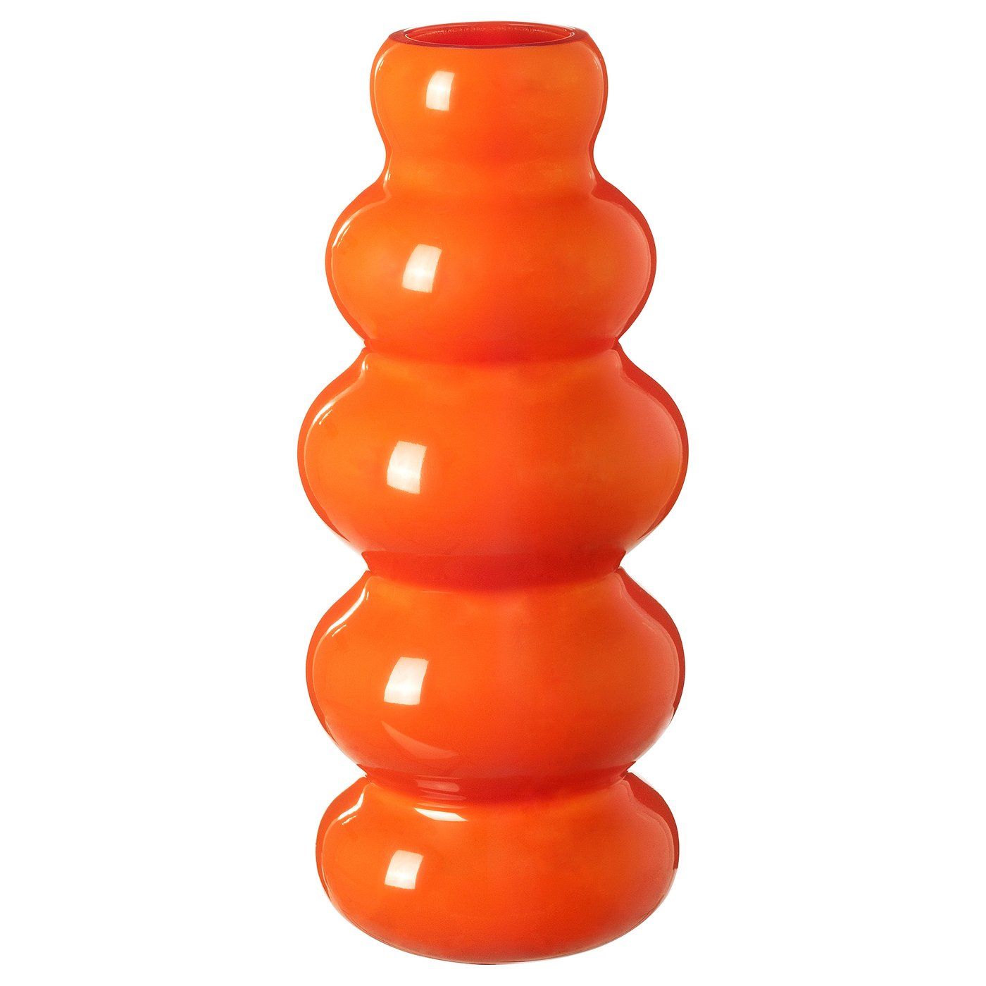 Bright orange, cylindrical glass vase with four rounded bulges, part of the nytillverkad collection.