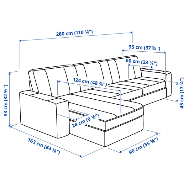 KIVIK 3-seat sofa with chaise longue, Gunnared medium grey