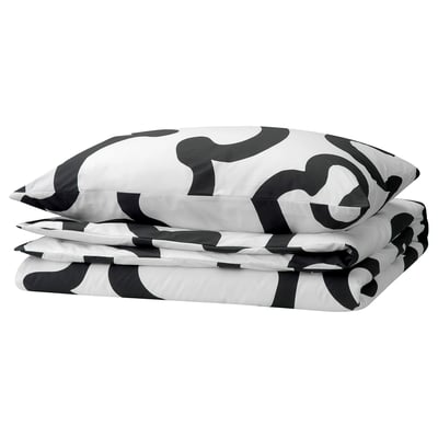 KLIPPBRÄCKA Duvet cover and pillowcase, white/black, 150x200/50x80 cm