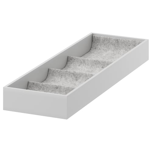 KOMPLEMENT watch & tie tray, light grey, felt & fiberboard, rectangular, three compartment design.