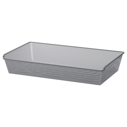 Grey steel mesh basket, rectangular, open top.
