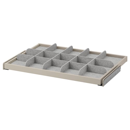 KOMPLEMENT grey organiser tray, beige edges, soft fabric dividers, 3x4 compartments for small items, smooth pull-out mechanism.