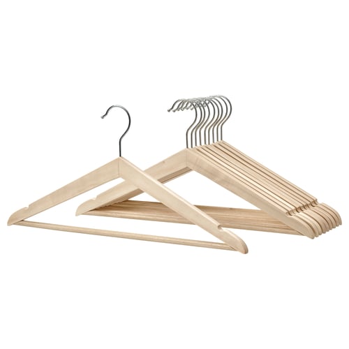 KRÄNGA wooden hangers, light brown, grooved for clothes, swivel hooks, set of 10.
