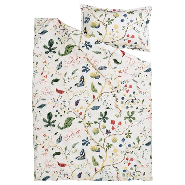 KRONBUSKE duvet cover & pillowcase set, white with colourful floral design, cotton & lyocell.