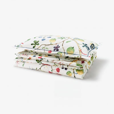 KRONBUSKE white duvet set, floral, cotton-lyocell, percale weave, embroidered border.