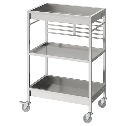 KUNGSFORS cart, silver, three-tier metal, stainless steel, wheeled, kitchen storage.