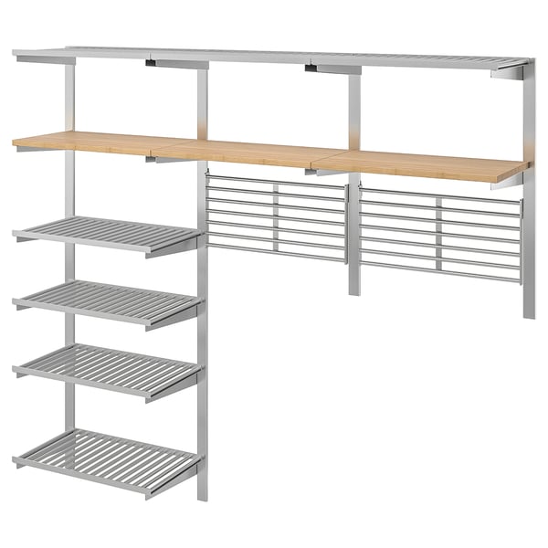 KUNGSFORS Suspension rail w shelves/wll grids, stainless steel/bamboo