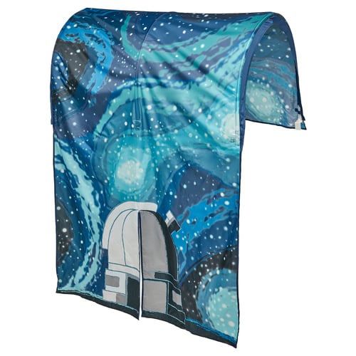 A blue KURA bed tent with galaxy print, designed for children, featuring a dome-shaped entrance.