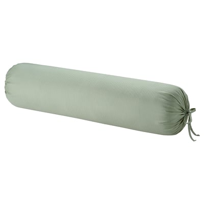 A light green, cylindrical bolster pillow with a rolled design, tied at one end, resting on a white background.
