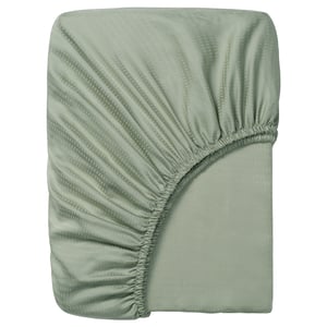 A green LÄKEVÄNDEROT fitted sheet, made of 100% lyocell, with a subtle patterned design, rectangular and fitted for mattresses up to 26 cm thick.