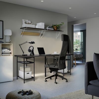 LAGKAPTEN / SPÄND Desk, black-brown/black, 200x60 cm