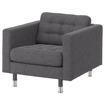 Dark grey fabric armchair, modern design, tufted seat, chrome legs.
