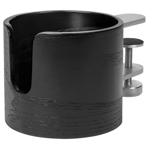 Black mug holder with clamp, designed for desks. Made of wood and metal, securely holds cups.