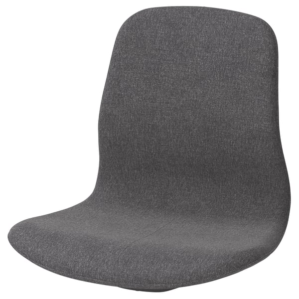 A grey LÅNGFJÄLL chair with a curved back and seat, made of recycled polyester fabric and steel.