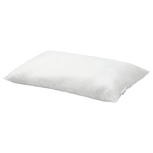 A white LAPPTÅTEL pillow, soft with a microfiber cover, rectangular shape, and filled with recycled polyester.