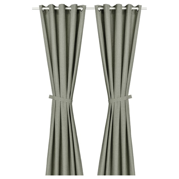 LENDA Curtains with tie-backs, 1 pair, light grey-green/with eyelets, 140x250 cm