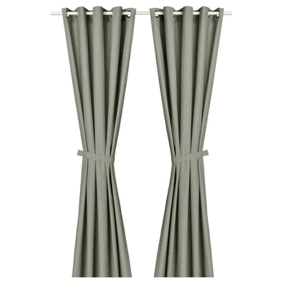 LENDA Curtains with tie-backs, 1 pair, light grey-green/with eyelets, 140x250 cm