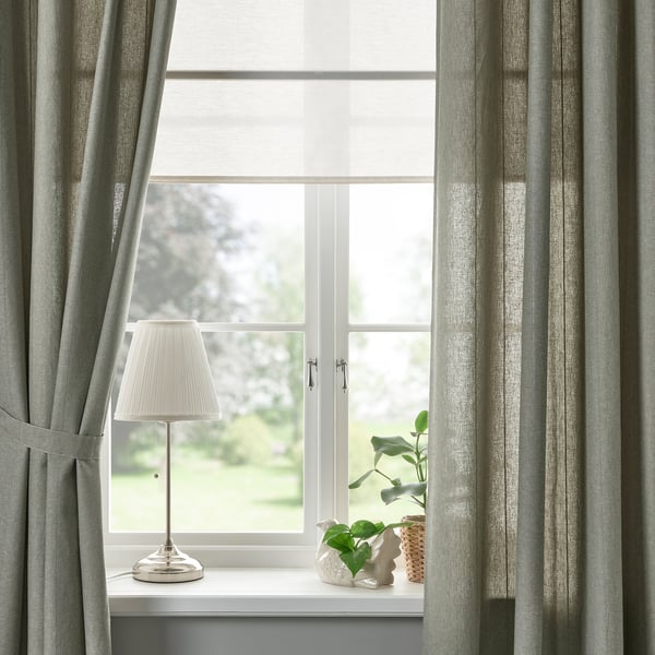 LENDA Curtains with tie-backs, 1 pair, light grey-green/with heading tape, 140x250 cm