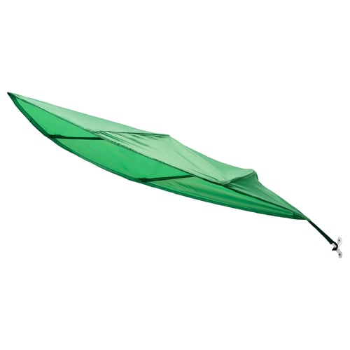 Green LÖVA bed canopy, leaf-shaped, recycled polyester, attaches to wall.