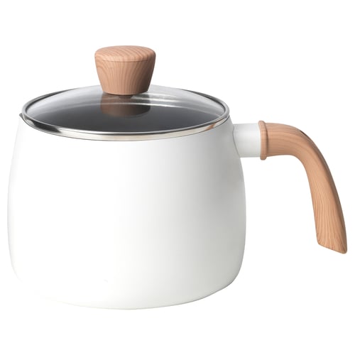 MANGOFISK white saucepan, wooden handle, glass lid, non-stick, round shape.