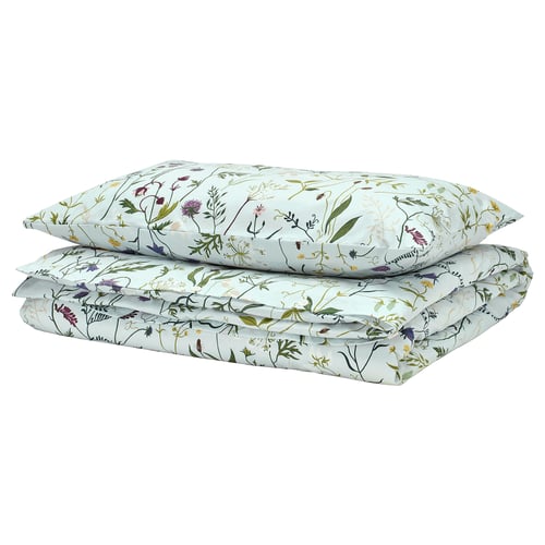 Pale blue MATTOXBÄR duvet set with floral print, 100% cotton.
