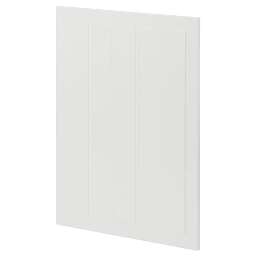 A white METOD kitchen cabinet door. It is rectangular with a smooth, painted finish and subtle vertical grooves.