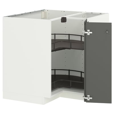 A white and grey corner kitchen cabinet with shelves. It a modern design with a grey door and multiple storage levels.