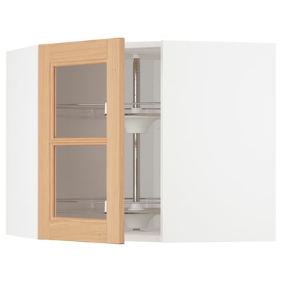 METOD Corner wall cab w carousel/glass dr, white/Vedhamn oak, 68x37x60 cm