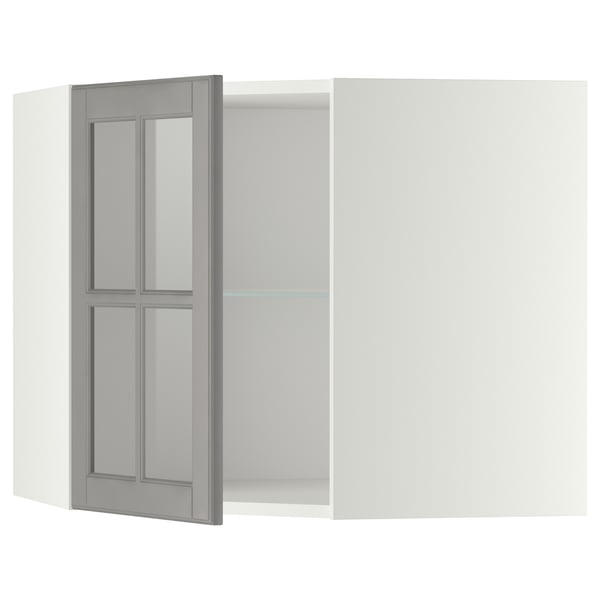 METOD Corner wall cab w shelves/glass dr, white/Bodbyn grey, 68x37x60 cm