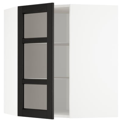 METOD Corner wall cab w shelves/glass dr, white/Lerhyttan black stained, 68x37x80 cm